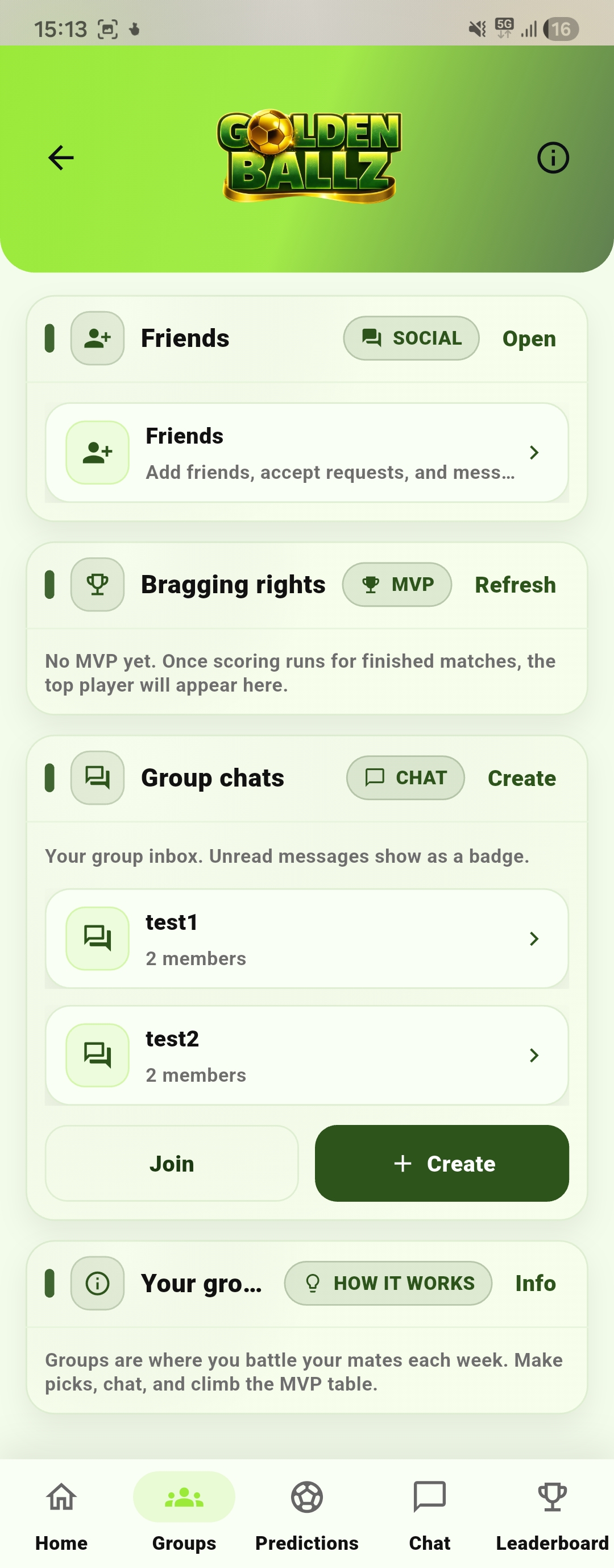 GoldenBallz groups screen showing social features, friend groups, and create actions.