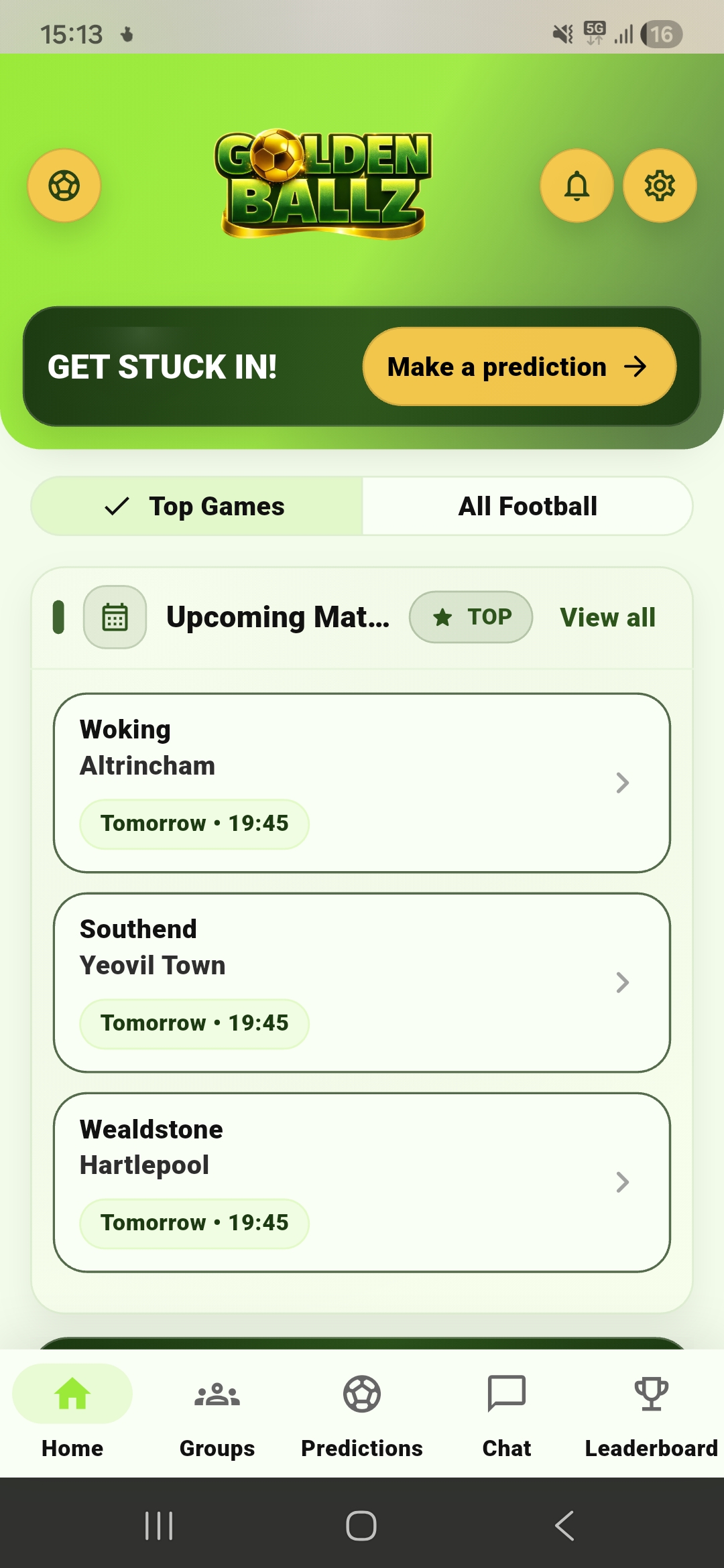 GoldenBallz home dashboard screen showing upcoming matches and navigation.