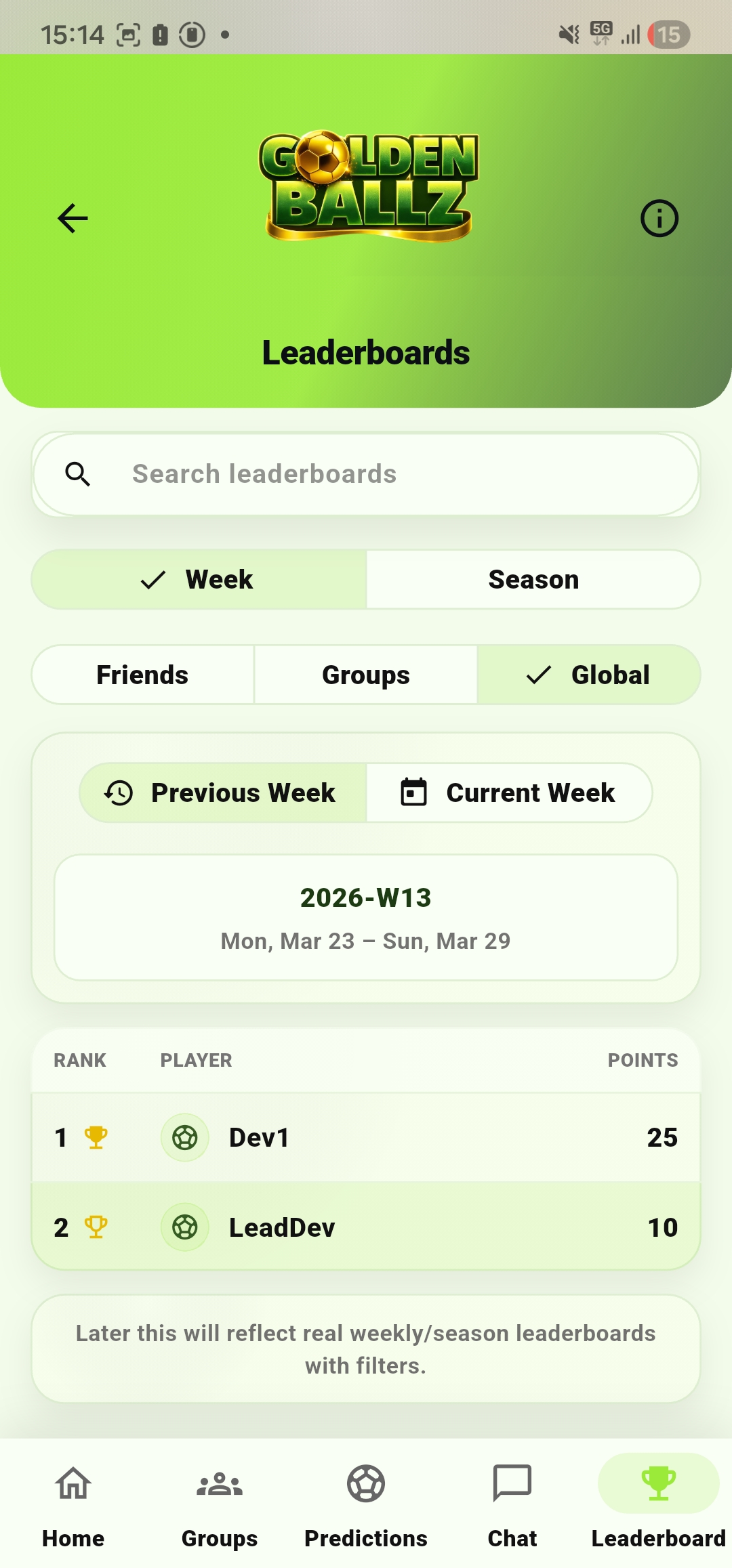 GoldenBallz leaderboard screen showing weekly and seasonal ranking views.